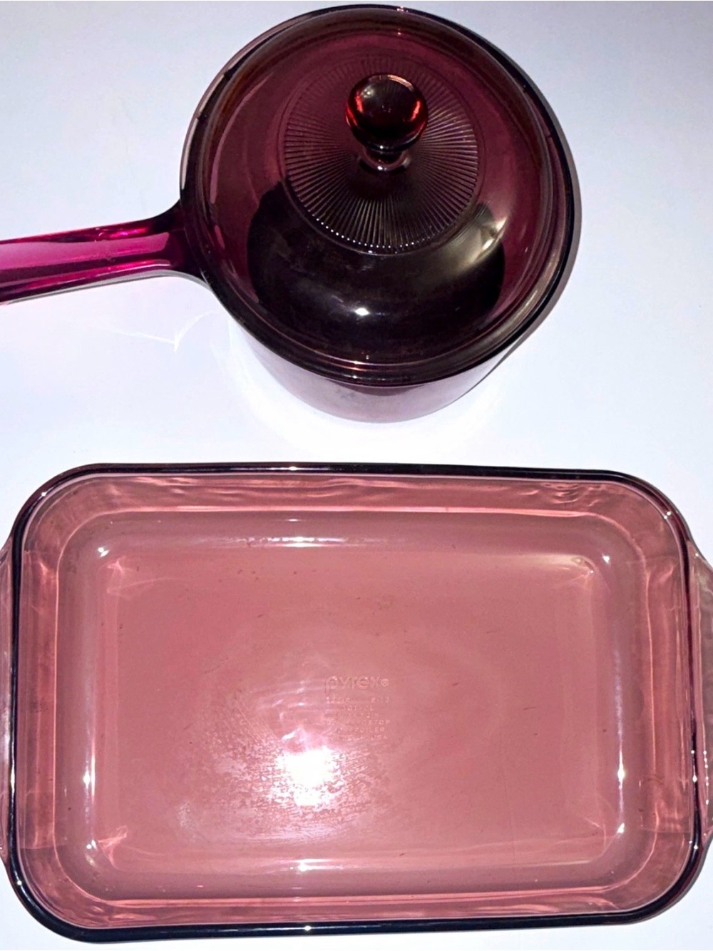 Vintage Cranberry Glass Cookware Set - Pyrex 3QT 13x9 Baker & Visions Saucepan
